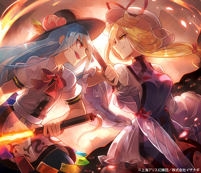 2girls 60mai apron black_hat blonde_hair blouse blue_hair blue_skirt bow buttons collared_shirt dress food fruit hat hat_ribbon hinanawi_tenshi holding holding_sword holding_umbrella holding_weapon long_hair long_sleeves looking_at_another mob_cap multiple_girls open_mouth parasol peach puffy_short_sleeves puffy_sleeves rainbow_order red_bow red_eyes ribbon shirt short_hair short_sleeves skirt smile sword sword_of_hisou tabard touhou umbrella weapon white_dress white_shirt wide_sleeves yakumo_yukari yellow_eyes