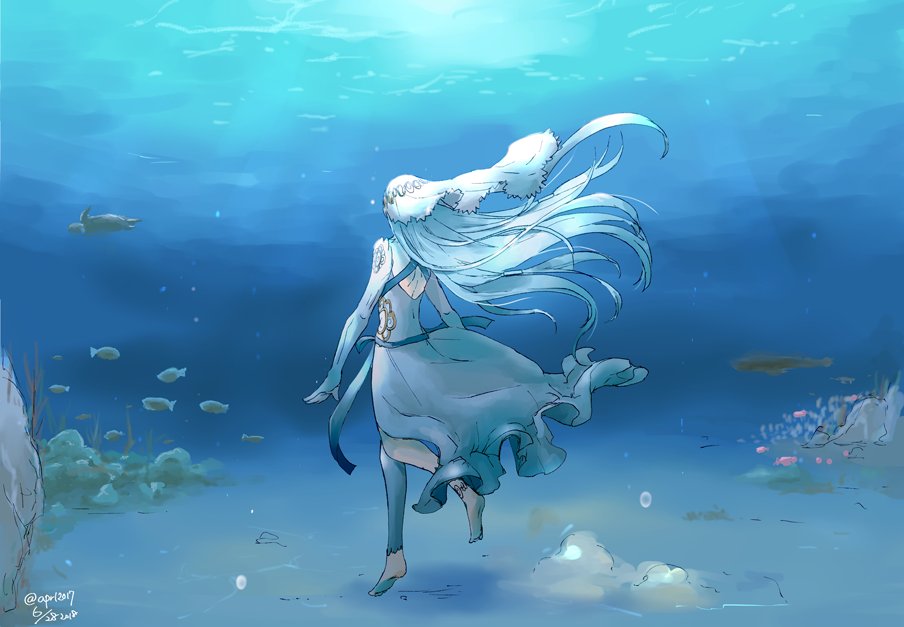 1girl animal anklet aqua_(fire_emblem_if) ass azura_(fire_emblem) back barefoot blue_hair bubble cute fingerless_gloves fire_emblem fire_emblem_14 fire_emblem_fates fire_emblem_if fish girl gloves human intelligent_systems jewelry long_hair nintendo panties robaco sea_creature simple_background solo turtle underwater underwear veil water whale
