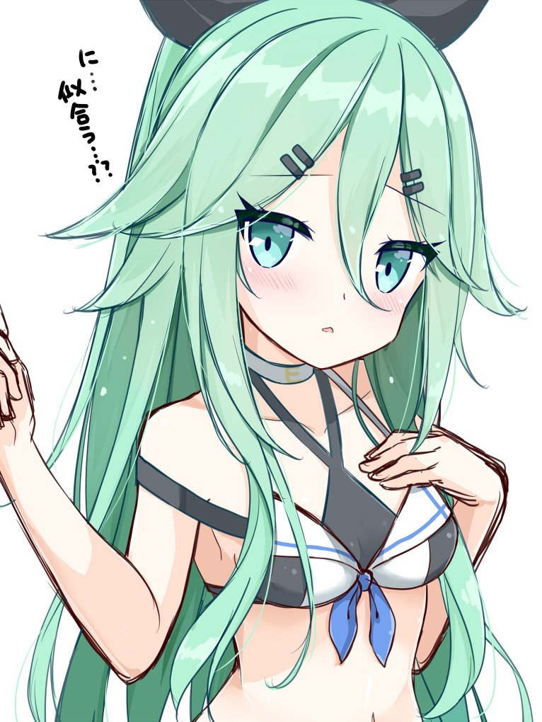 1girl blush bow breasts eyebrows_visible_through_hair green_eyes green_hair hair_between_eyes hair_bow hair_ornament hairclip kantai_collection long_hair looking_at_viewer open_mouth romumu simple_background small_breasts solo swimsuit twitter_username very_long_hair white_background yamakaze_(kantai_collection)