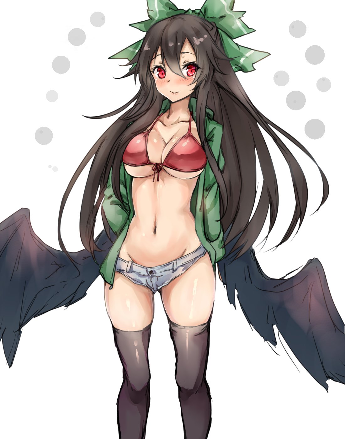 1girl 3: amagi_(amagi626) bikini_top black_hair black_legwear black_wings blush bow breasts circle collarbone commentary_request denim denim_shorts feet_out_of_frame green_bow green_jacket grey_shorts groin hair_between_eyes hair_bow hand_in_pocket highres hood hooded_jacket jacket large_breasts long_hair long_sleeves looking_at_viewer low_wings navel red_bikini_top red_eyes reiuji_utsuho short_shorts shorts simple_background skindentation sleeves_past_fingers sleeves_past_wrists solo standing stomach thigh-highs thighs touhou under_boob very_long_hair white_background wings