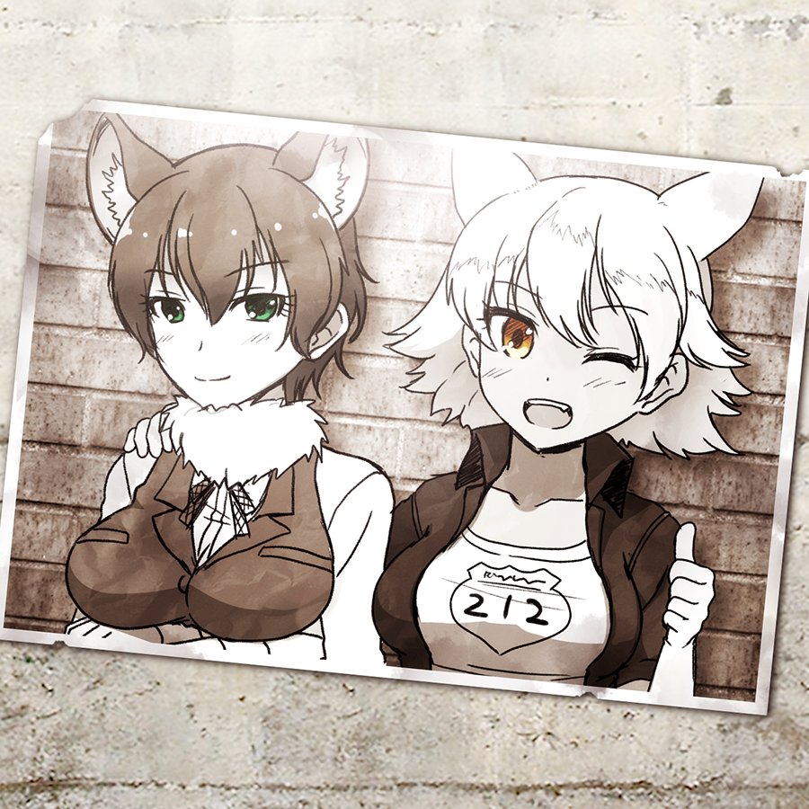 2girls ;d animal_ears breasts collarbone coyote_(kemono_friends) coyote_ears crossed_arms extra_ears eyebrows_visible_through_hair fur_collar green_eyes hair_between_eyes hand_on_another's_shoulder jacket kemono_friends large_breasts long_sleeves looking_at_viewer monochrome multiple_girls one_eye_closed open_mouth photo_(object) sepia shirt short_hair short_sleeves smile spot_color teeth totokichi upper_body vest yellow_eyes