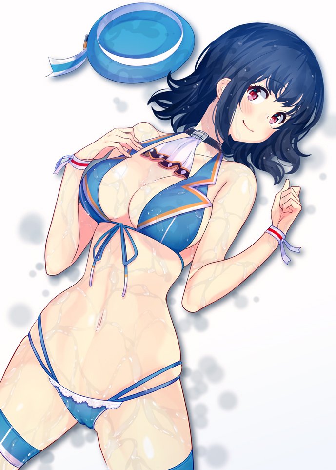 1girl adapted_costume amami_amayu ascot beret bikini bikini_day black_hair blue_bikini blue_hat blush breasts closed_mouth collarbone front-tie_bikini front-tie_top hand_on_own_chest hat hat_removed headwear_removed kantai_collection large_breasts looking_at_viewer lying medium_hair navel on_back red_eyes skindentation smile solo swimsuit takao_(kantai_collection) thigh_strap wet wristband