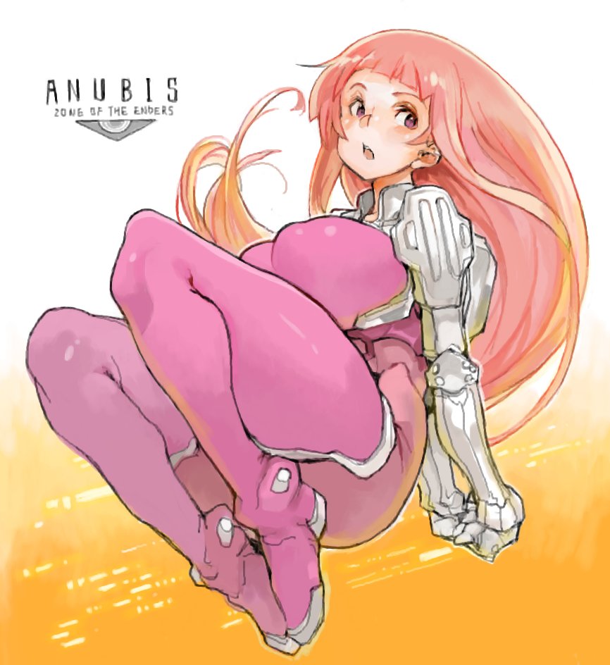 1girl arms_behind_back bodysuit breasts commentary_request erect_nipples gloves ken_marinaris large_breasts long_hair looking_to_the_side midair open_mouth pink_hair red_eyes sachito solo thick_thighs thighs very_long_hair zone_of_the_enders zone_of_the_enders_2