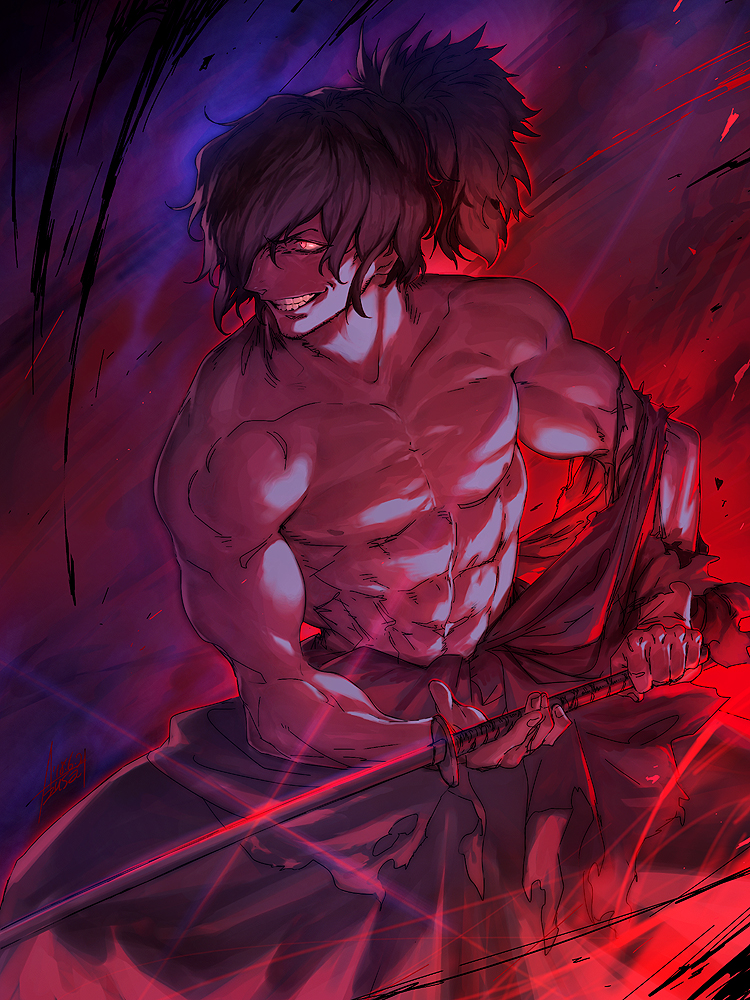 1boy azusa_(hws) black_hair fate/grand_order fate_(series) grin hakama holding holding_sword holding_weapon japanese_clothes katana looking_away male_focus muscle okada_izou_(fate) ponytail profile red_eyes shirtless signature smile solo sword teeth weapon
