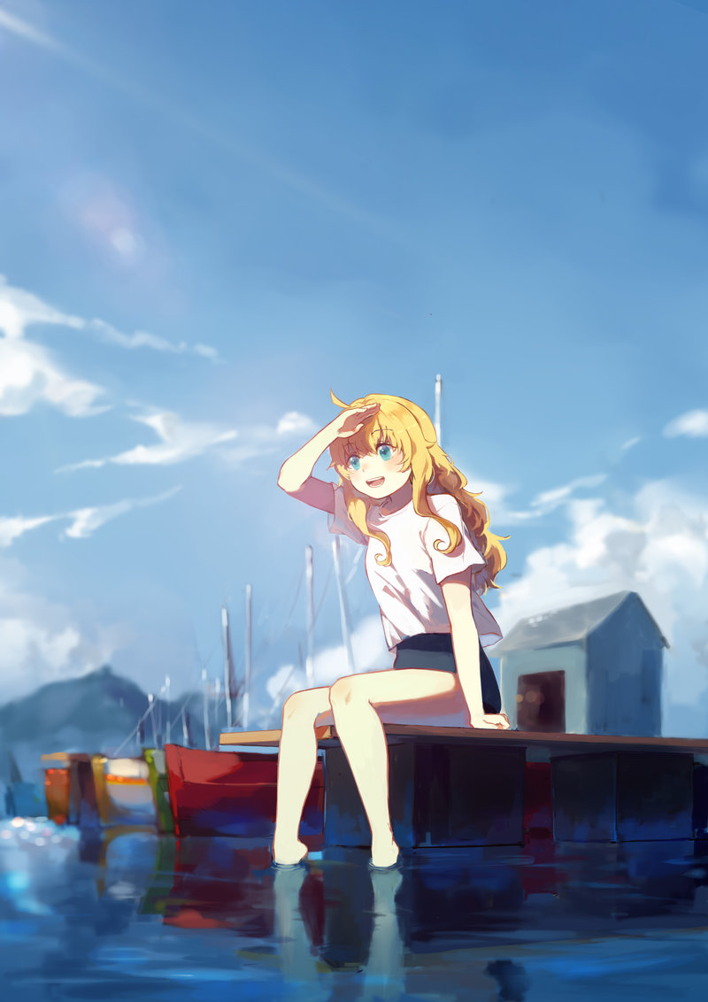 1girl :d ahoge arm_at_side arm_up bangs blonde_hair blue_sky blush boat building clouds commentary commission crop_top day eyebrows_visible_through_hair food fruit gabriel_dropout hair_between_eyes long_hair mountainous_horizon ocean open_mouth outdoors pear red_eyes shirt shirt_over_swimsuit sitting sketch_eyebrows sky smile solo sunlight tamomoko tenma_gabriel_white wading water watercraft white_shirt