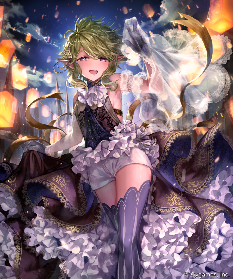 1girl :d black_gloves blue_legwear breasts gloves green_hair grey_gloves holding irua looking_at_viewer open_mouth outdoors pointy_ears see-through shingeki_no_bahamut short_hair_with_long_locks short_shorts shorts sideboob sidelocks sleeveless small_breasts smile solo standing thigh-highs violet_eyes white_shorts zettai_ryouiki