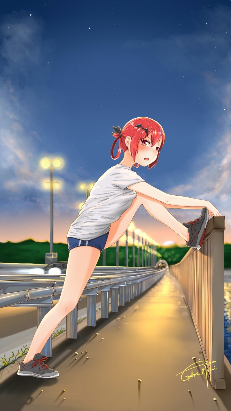 1girl bat_hair_ornament blush buruma car fang gabriel_dropout gabrieltsui ground_vehicle hair_ornament hair_ribbon highres kurumizawa_satanichia_mcdowell looking_at_viewer motor_vehicle night night_sky open_mouth red_eyes redhead ribbon road shirt sky solo sportswear star_(sky) starry_sky street stretch