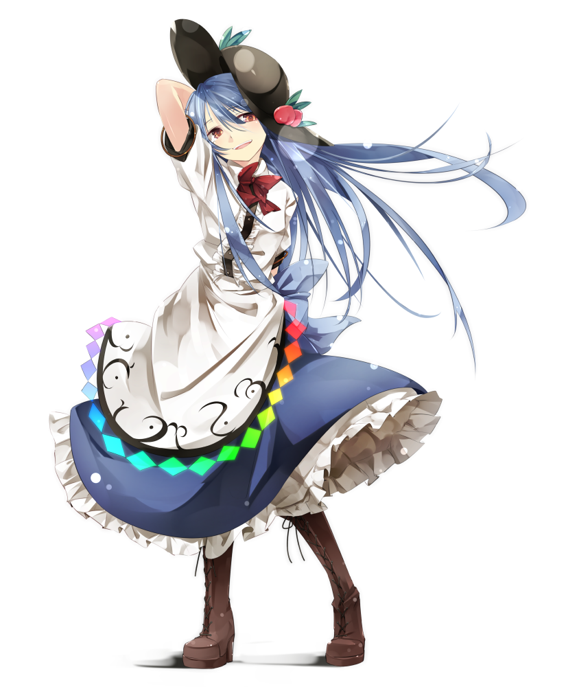 1girl arm_behind_back black_hat blue_bow blue_hair blue_skirt boots bow brown_footwear collared_shirt cross-laced_footwear food frilled_skirt frills fruit full_body gorilla_(bun0615) hand_behind_head hat hinanawi_tenshi lace-up_boots long_hair long_skirt looking_at_viewer open_mouth peach red_bow red_eyes shirt short_sleeves simple_background skirt smile solo standing touhou white_background