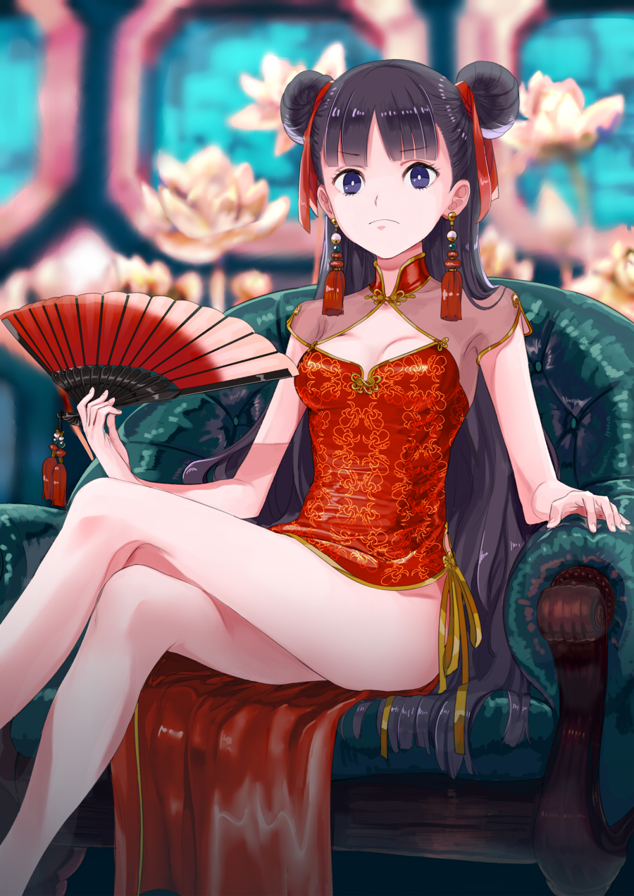 1girl amayoshi armchair bangs black_hair blunt_bangs blurry breasts chair china_dress chinese_clothes cleavage_cutout depth_of_field double_bun dress earrings easy_chair fan flower folding_fan frown hair_ribbon highres holding holding_fan jewelry legs_crossed long_hair looking_at_viewer lotus original red_dress ribbon see-through shiny shiny_clothes short_sleeves side_slit sitting small_breasts solo tassel very_long_hair violet_eyes