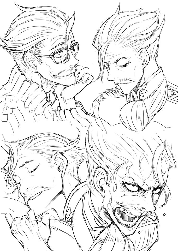 1boy angry ascot closed_eyes facial_hair fate/grand_order fate_(series) fringe glasses graphite_(medium) greyscale honjou_raita james_moriarty_(fate/grand_order) male_focus monochrome mustache shouting simple_background sketch sleeping traditional_media white_background