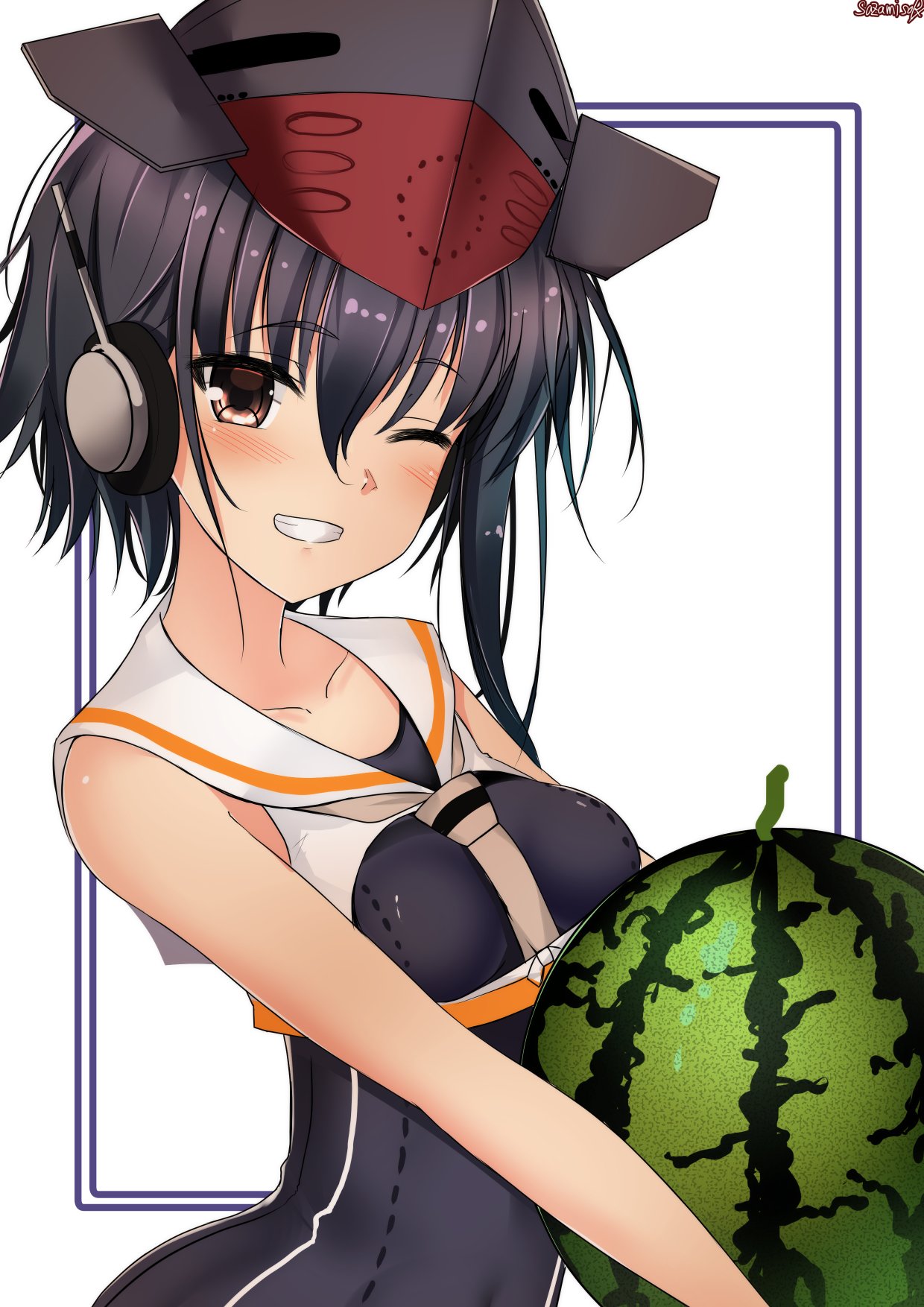 ass asymmetrical_hair bangs bare_shoulders black_hair blush breasts brown_eyes collarbone eyebrows_visible_through_hair food framed_breasts fruit hair_between_eyes hat headphones highres holding holding_food holding_fruit i-14_(kantai_collection) kantai_collection looking_at_viewer neckerchief one-piece_swimsuit one_eye_closed parted_lips sailor_collar sazamiso_rx school_swimsuit short_hair sidelocks signature smile swimsuit upper_body watermelon