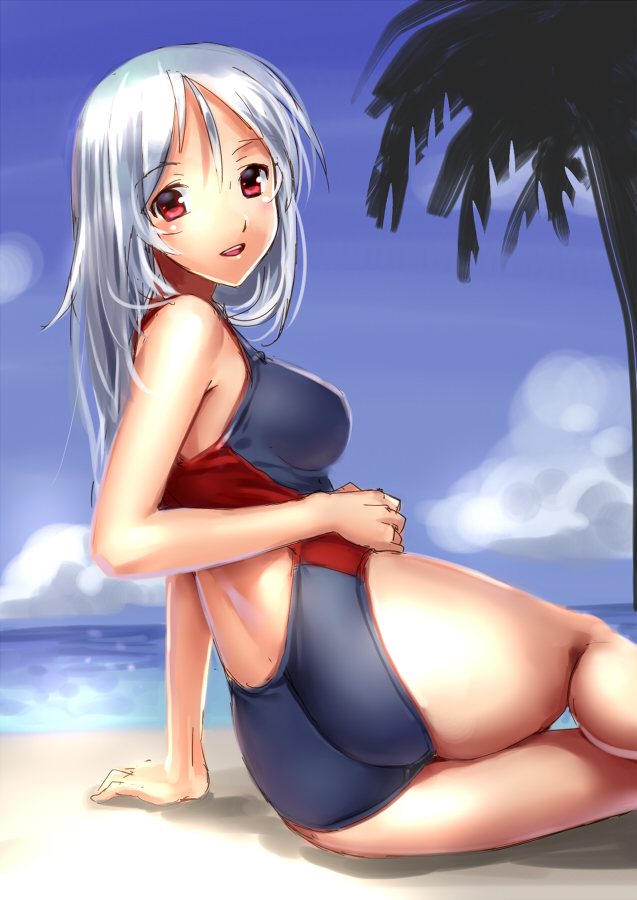 1girl beach competition_swimsuit day katahira_masashi long_hair one-piece_swimsuit original red_eyes solo swimsuit white_hair