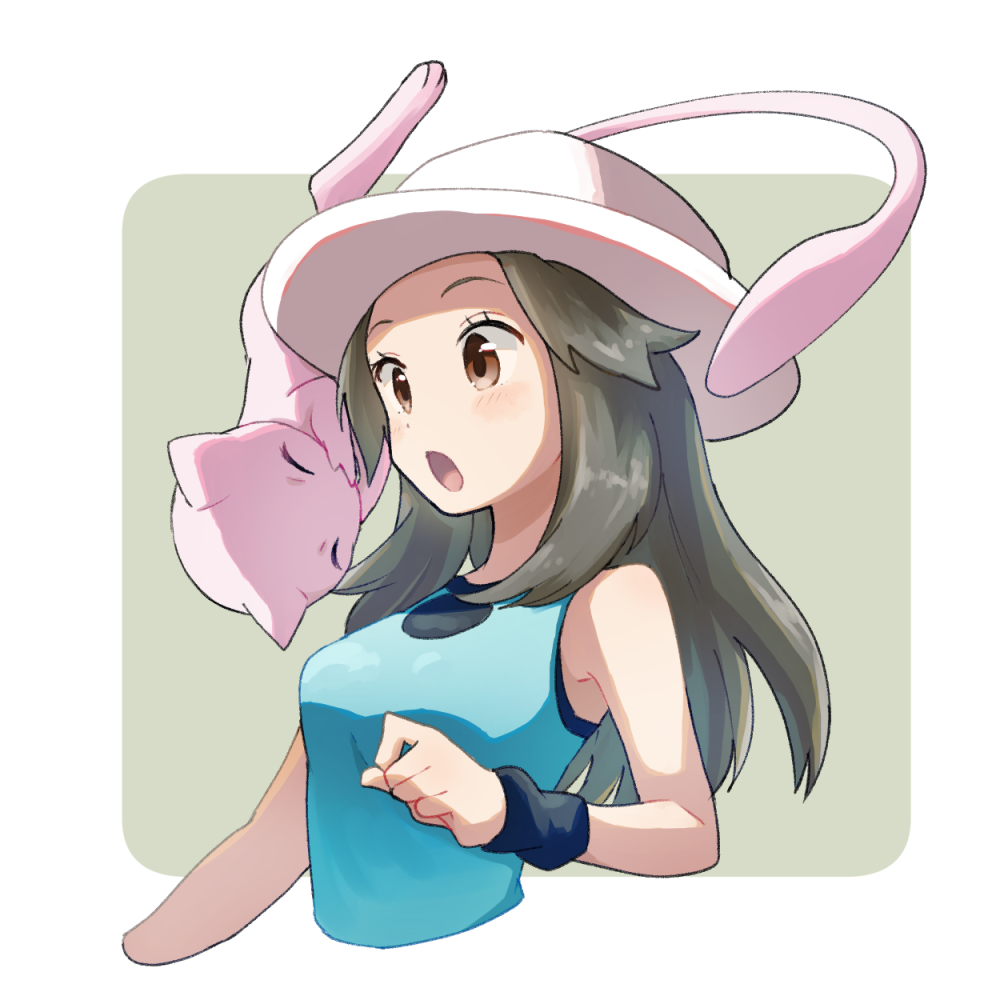 1girl bangs black_wristband blue_(pokemon) blue_shirt blush breasts brown_eyes brown_hair floating laughing long_hair mew miu_(miuuu_721) open_mouth pokemon pokemon_(game) pokemon_frlg shirt simple_background smile solo