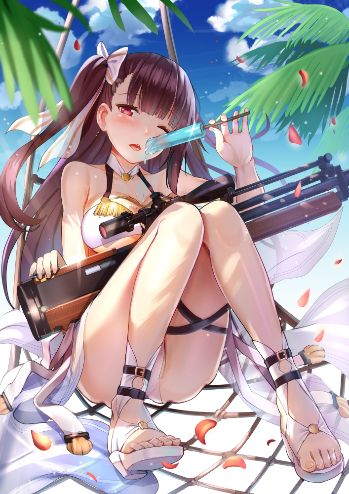 1girl alternate_costume ass bangs bare_shoulders beach blue_sky blush breasts bullpup cleavage clouds collarbone commentary eyebrows_visible_through_hair food framed_breasts full_body girls_frontline gun hair_ribbon head_tilt long_hair looking_at_viewer medium_breasts midriff one_eye_closed one_side_up open_mouth outdoors palm_tree popsicle qian_wu_atai red_eyes ribbon rifle sandals sarong sitting sky sniper_rifle swimsuit thigh_strap thighs toes tree tropical tsurime under_boob wa2000_(girls_frontline) weapon