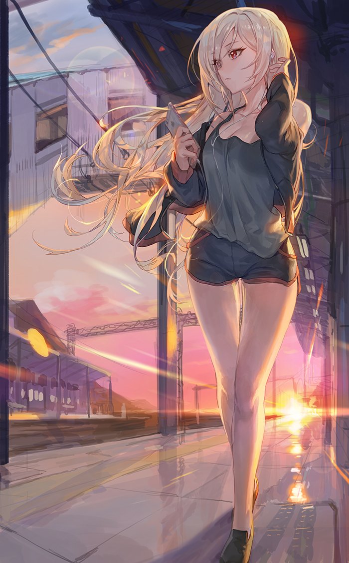 1girl black_jacket black_shorts blonde_hair cellphone character_request commentary_request copyright_request earphones grey_shirt hair_blowing hands_up holding holding_phone jacket korean_commentary long_hair long_sleeves mossi off_shoulder outdoors phone power_lines red_eyes shirt short_shorts shorts smartphone solo sunset tank_top thigh_gap walking