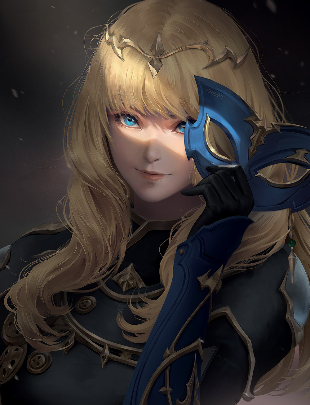 1girl artist_name blonde_hair blue_eyes blurry blurry_background chuby_mi circlet final_fantasy final_fantasy_xiv gloves highres hyur lips long_hair looking_at_viewer mask mask_removed portrait smile solo wrist_guards