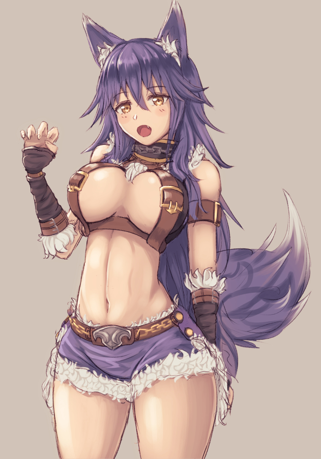 1girl :o animal_ears breasts chains collar cowboy_shot fang fingerless_gloves fur fur_trim gloves grey_background long_hair moppo navel princess_connect! shorts sideboob solo tail wolf_ears yellow_eyes