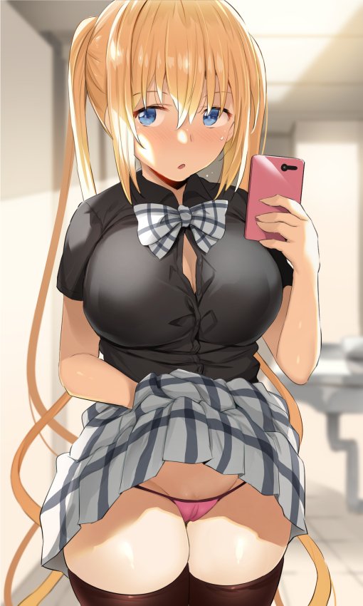 1girl bangs black_shirt blend_s blonde_hair blue_eyes blush breasts brown_legwear bursting_breasts cellphone grey_neckwear grey_skirt hair_between_eyes hinata_kaho hips large_breasts long_hair looking_at_viewer noripachi open_mouth panties phone pink_panties plaid plaid_skirt shirt short_sleeves skirt solo thigh-highs thighs twintails underwear very_long_hair