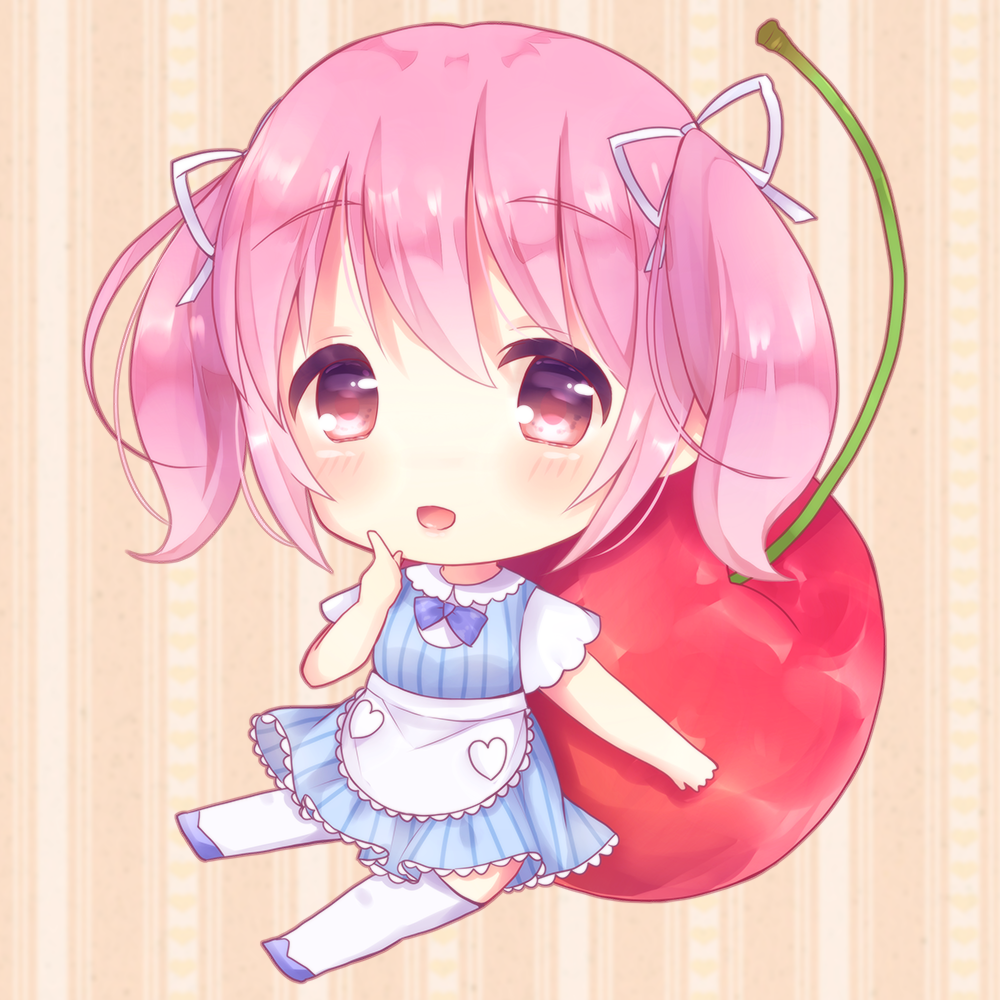 1girl :d apron bangs blue_bow blue_dress blue_footwear blush bow brown_background caramel_(caramelmilk) cherry chibi commentary_request dress eyebrows_visible_through_hair food fruit hair_between_eyes hair_ribbon hand_up heart index_finger_raised looking_at_viewer minigirl open_mouth original pink_hair red_eyes ribbon short_sleeves sitting smile solo striped thigh-highs twintails vertical-striped_dress vertical_stripes waist_apron white_apron white_legwear white_ribbon