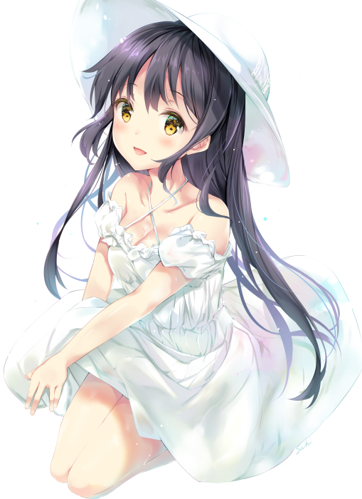 1girl :d bangs bare_shoulders black_hair blush brown_eyes commentary_request criss-cross_halter detached_sleeves dress eyebrows_visible_through_hair hair_between_eyes halterneck hat long_hair open_mouth original puffy_short_sleeves puffy_sleeves seiza short_sleeves simple_background sitting smile solo suihi sun_hat very_long_hair white_background white_dress white_hat