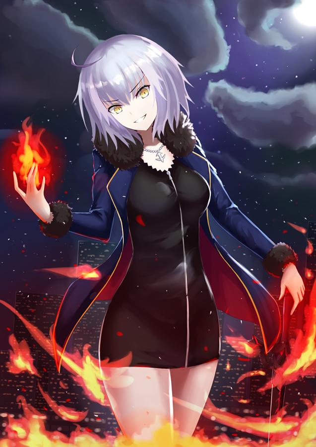 1girl ahoge bangs black_dress blue_jacket blunt_bangs building collarbone cowboy_shot dress fate/grand_order fate_(series) fire grin hand_on_hilt head_tilt jacket jeanne_d'arc_(alter)_(fate) jeanne_d'arc_(fate)_(all) jewelry looking_at_viewer moon necklace night open_clothes open_jacket outdoors randoru shiny shiny_hair short_dress short_hair silver_hair sky smile solo standing star_(sky) starry_sky yellow_eyes