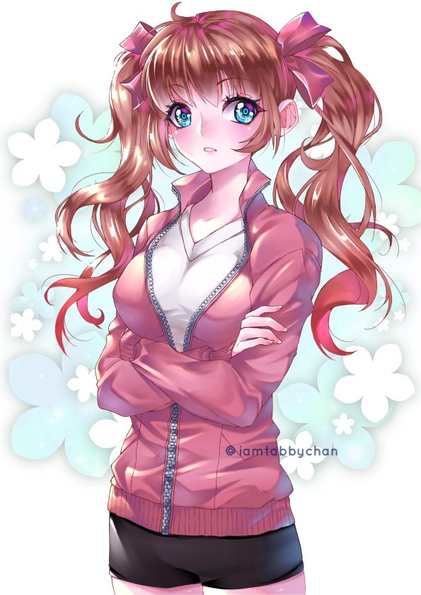 1girl arms_under_breasts bangs blue_eyes breasts buruma cowboy_shot cropped_legs crossed_arms expressionless eyebrows_visible_through_hair eyelashes floral_background hair_between_eyes hair_ribbon long_hair medium_breasts open_track_jacket original parted_lips redhead ribbon shirt solo tabby_chan two_side_up watermark white_background white_shirt zipper