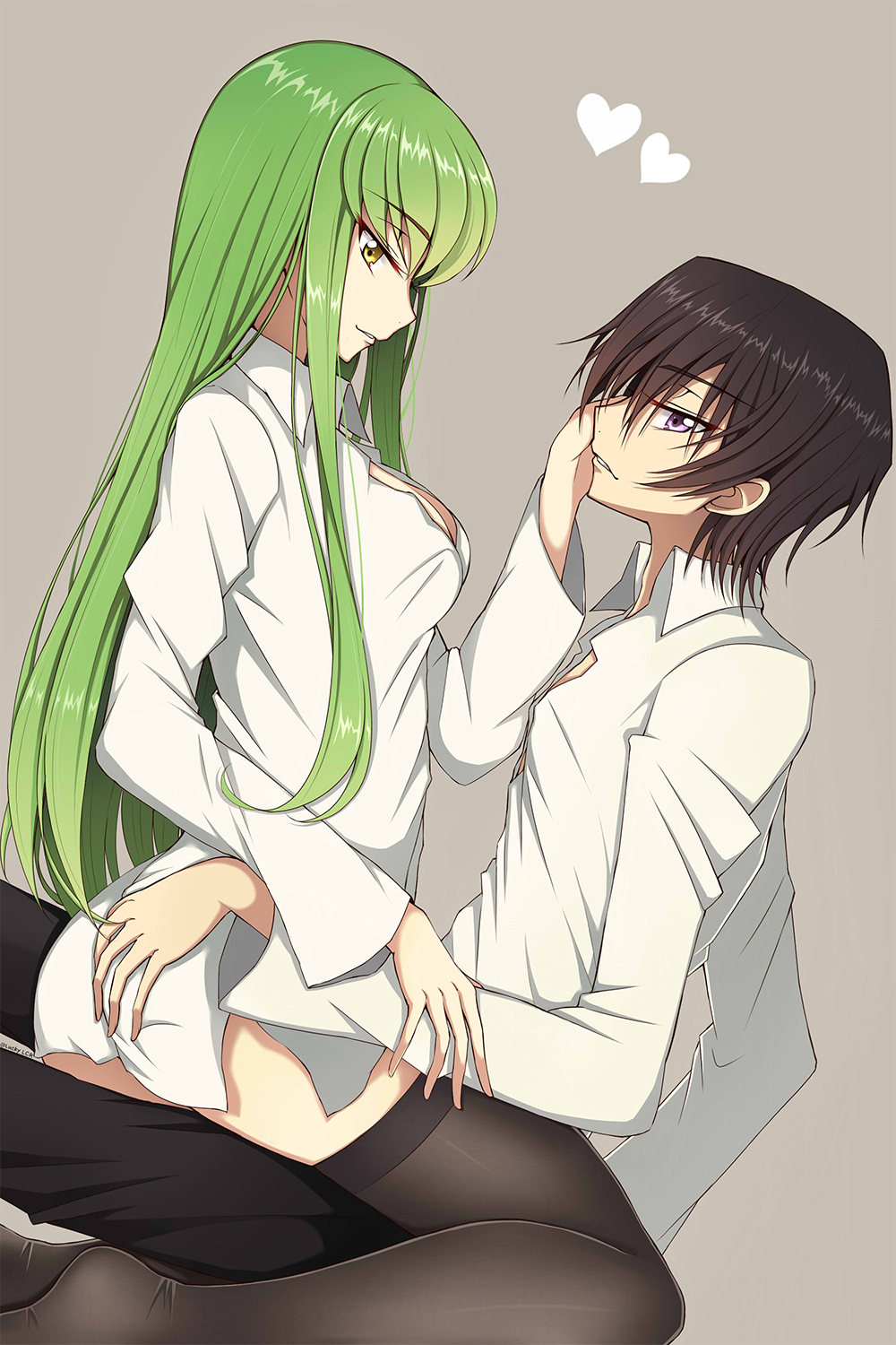 1boy 1girl bangs black_hair black_legwear black_pants breasts c.c. cleavage code_geass eye_contact eyebrows_visible_through_hair from_side girl_on_top green_hair grey_background hand_on_another's_ass hand_on_another's_cheek hand_on_another's_face heart highres lelouch_lamperouge long_hair looking_at_another lucky_keai medium_breasts pants parted_lips shiny shiny_hair shirt sitting smile thigh-highs very_long_hair violet_eyes white_shirt yellow_eyes