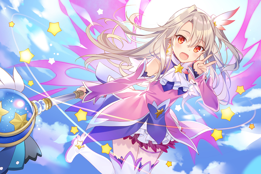 1girl :d blonde_hair blue_sky boots clouds commentary_request detached_sleeves dress earrings energy_wings eyebrows_visible_through_hair fate/kaleid_liner_prisma_illya fate/stay_night fate_(series) flying hair_between_eyes hair_ornament illyasviel_von_einzbern jewelry long_hair looking_at_viewer magical_girl multicolored multicolored_clothes multicolored_dress one_side_up open_mouth prisma_illya_(zwei_form) red_eyes rie_(reverie) sky smile solo star star_earrings thigh-highs thigh_boots v wand white_footwear