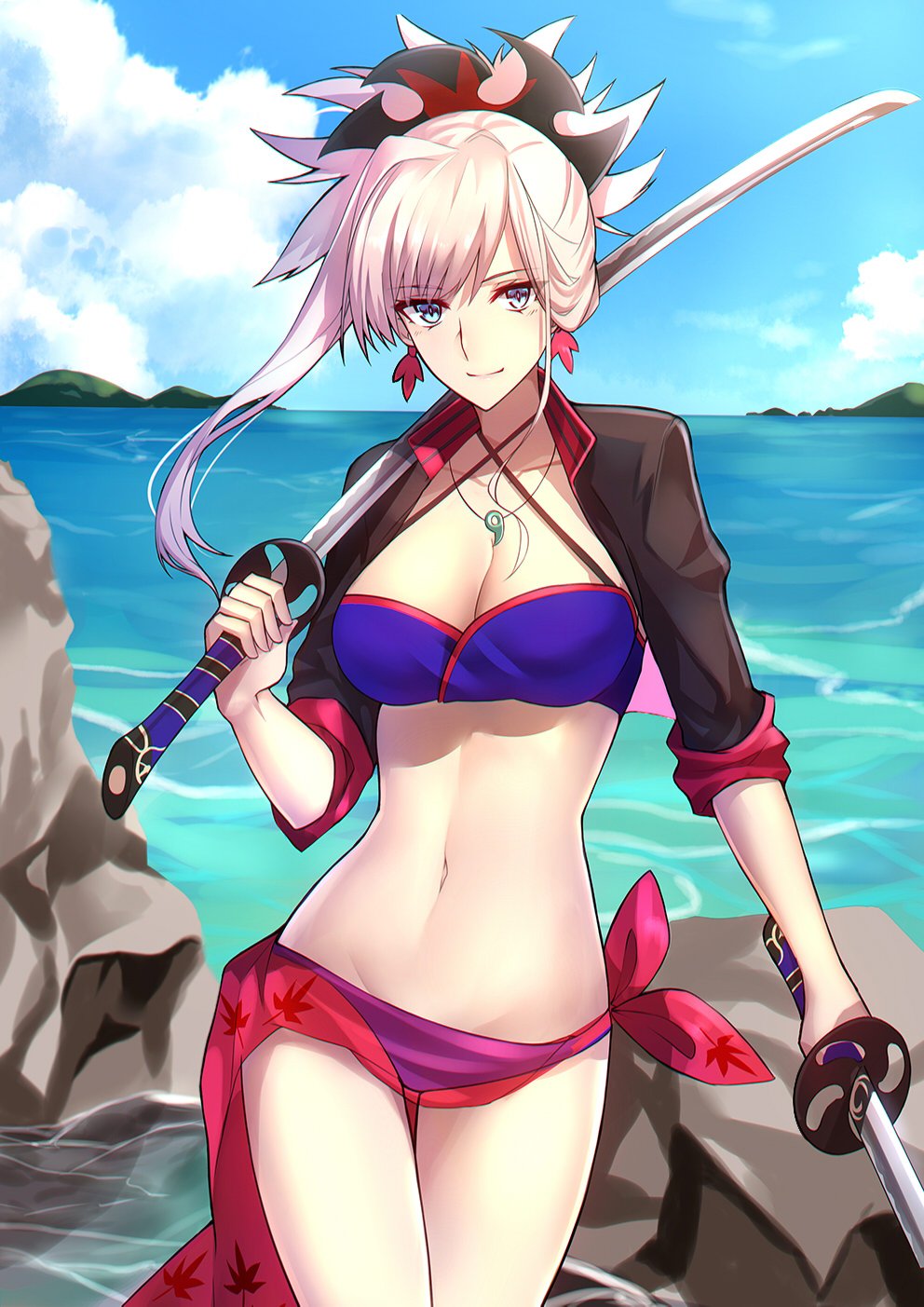 1girl adapted_costume bikini blue_bikini blue_eyes blue_sky breasts cleavage cowboy_shot criss-cross_halter cropped_jacket day dual_persona earrings eyebrows_visible_through_hair fate/grand_order fate_(series) halterneck highres horizon jacket jewelry katana looking_at_viewer magatama_necklace medium_breasts miyamoto_musashi_(fate/grand_order) navel open_clothes open_jacket outdoors over_shoulder pink_hair sarong shiguru short_ponytail single_sidelock sky smile solo swimsuit sword weapon weapon_over_shoulder