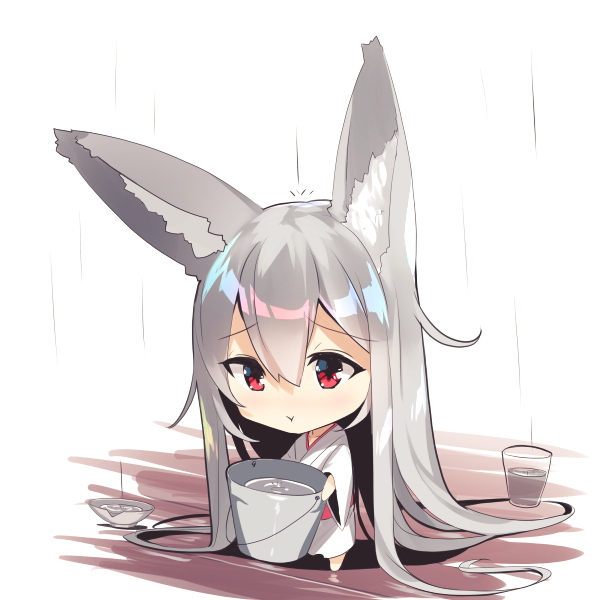 1girl :t absurdly_long_hair animal_ears bangs barefoot blush bucket chibi choko_(cup) closed_mouth cup drinking_glass eyebrows_visible_through_hair fox_ears fox_girl hair_between_eyes japanese_clothes kimono long_hair long_sleeves obi original rain red_eyes sash silver_hair solo standing very_long_hair water white_kimono wide_sleeves yuuji_(yukimimi)