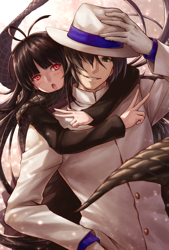 1boy 1girl :o antenna_hair arm_up bangs black_eyes black_hair black_scarf blush buttons fate/grand_order fate_(series) fedora gloves grin hair_over_one_eye hand_on_headwear hat hug hug_from_behind light_particles long_hair long_sleeves oryuu_(fate) parted_bangs pink_eyes ryou_(pix_gallerio) sakamoto_ryouma_(fate) scarf short_hair smile white_gloves white_hat