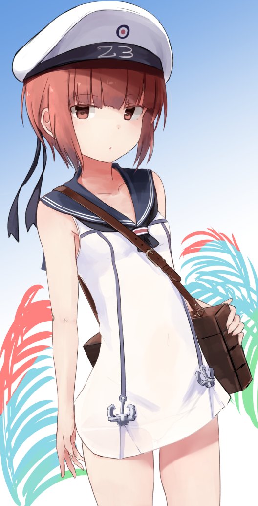 1girl :o anchor bag bangs breasts brown_eyes brown_hair character_name clothes_writing cowboy_shot dress eyebrows_visible_through_hair gradient gradient_background hat kantai_collection looking_at_viewer palm_leaf panties sailor_dress sailor_hat see-through short_dress short_hair shoulder_bag sleeveless sleeveless_dress small_breasts solo standing underwear white_dress white_hat white_panties yuki_(yukin0128) z3_max_schultz_(kantai_collection)