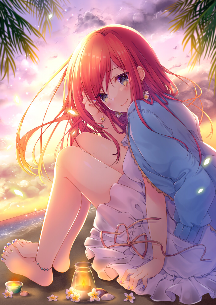 1girl arm_up azu_torako bangs barefoot blue_jacket blue_nails blush bracelet breasts brown_eyes candle closed_mouth clouds commentary_request dress earrings eyebrows_visible_through_hair feet fire hair_between_eyes hand_in_hair head_tilt jacket jacket_on_shoulders jewelry long_hair long_sleeves looking_at_viewer looking_to_the_side mole mole_under_eye multicolored multicolored_nails nail_polish original outdoors purple_nails redhead sitting sky small_breasts smile solo sunset toenail_polish very_long_hair white_dress