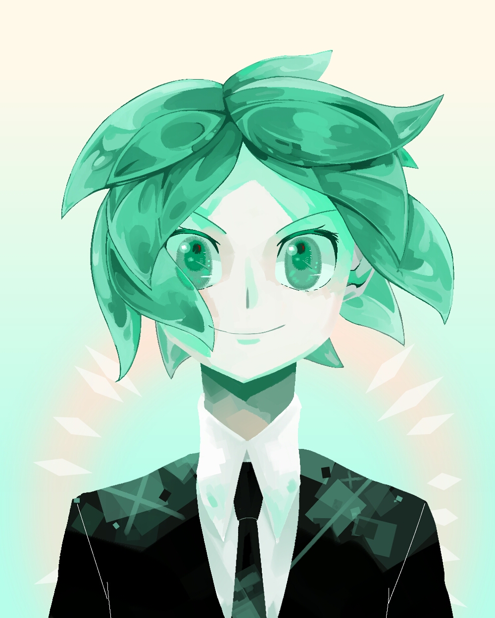 1other androgynous colored_eyelashes crystal_hair gem_uniform_(houseki_no_kuni) glowing green_eyes green_hair highres houseki_no_kuni looking_at_viewer necktie phosphophyllite short_hair smile solo upper_body