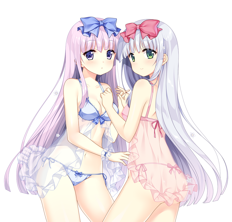 2girls :o airi_(alice_or_alice) alice_or_alice ass babydoll back bangs bare_shoulders blue_babydoll blue_bow blue_panties bow bow_panties breasts cleavage closed_mouth collarbone commentary_request eyebrows_visible_through_hair fingernails flower green_eyes hair_bow hair_flower hair_ornament hand_holding interlocked_fingers long_hair medium_breasts multiple_girls panties parted_lips pink_babydoll pink_panties pixiv purple_hair red_bow rise_(alice_or_alice) see-through side-tie_panties silver_hair simple_background sisters small_breasts smile twins underwear underwear_only verjuice very_long_hair violet_eyes white_background white_flower wrist_cuffs