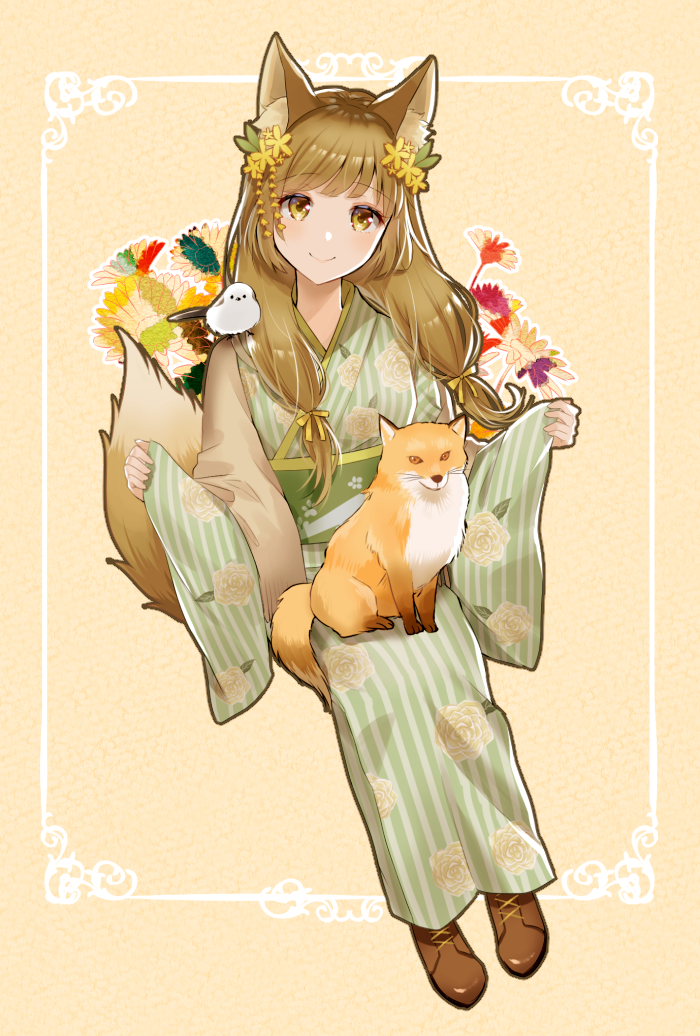 1girl animal animal_ears bangs blush brown_eyes brown_footwear brown_hair closed_mouth commentary_request eyebrows_visible_through_hair flower fox fox_ears fox_girl fox_tail green_kimono hair_flower hair_ornament head_tilt japanese_clothes kimono long_hair long_sleeves myusha obi original pinching_sleeves sash shoes sitting smile solo striped tail vertical-striped_kimono vertical_stripes wide_sleeves yellow_flower