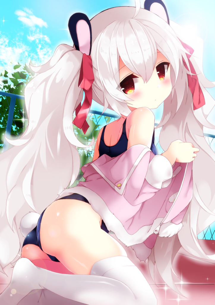 1girl animal_ears azur_lane bangs blue_sky blue_swimsuit blush bow brown_eyes chain-link_fence closed_mouth clouds commentary_request day eyebrows_visible_through_hair fence fuuna_thise hair_between_eyes hair_bow head_tilt jacket laffey_(azur_lane) long_hair long_sleeves looking_at_viewer looking_to_the_side no_shoes off_shoulder one-piece_swimsuit open_clothes open_jacket outdoors pink_jacket rabbit_ears red_bow school_swimsuit sidelocks silver_hair sky soles solo swimsuit thigh-highs thighs twintails undressing very_long_hair white_legwear