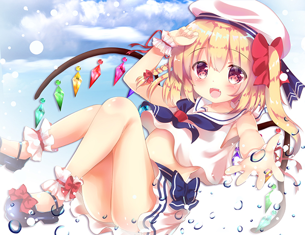 1girl :d ankle_cuffs arm_up bangs bare_shoulders beret black_footwear blue_bow blue_sky blush bow braid clouds cloudy_sky commentary_request crystal day eyebrows_visible_through_hair flandre_scarlet hair_between_eyes hair_bow hat long_hair mary_janes one_side_up open_mouth outdoors outstretched_arm pleated_skirt red_bow red_eyes rikatan school_uniform serafuku shirt shoes skirt sky sleeveless sleeveless_shirt smile solo touhou white_hat white_shirt white_skirt wings wrist_cuffs