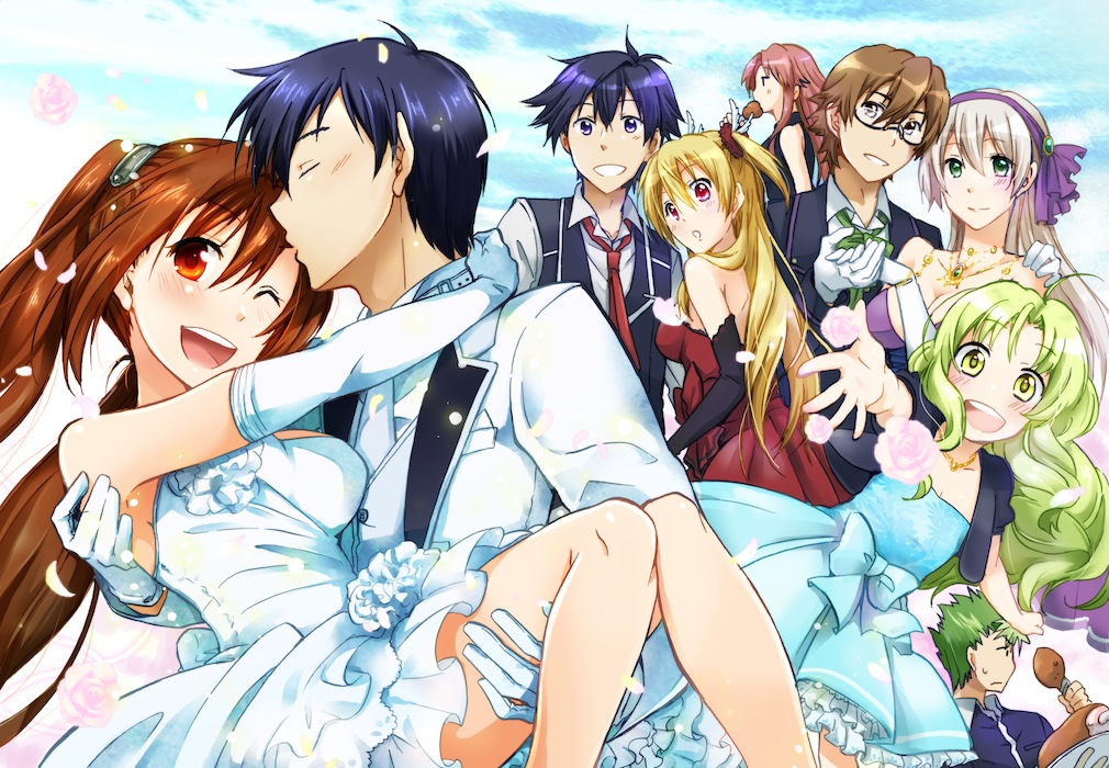 4boys 5girls alisa_reinford ao_no_kiseki arms_around_neck bittsu_(v1tz) black_hair blue_dress blush bow bowtie breasts brooch brown_hair carrying closed_eyes clouds cloudy_sky collared_shirt dress eiyuu_densetsu elbow_gloves elie_macdowell estelle_bright flower forehead_kiss formal glasses gloves green_eyes green_hair hair_between_eyes hairband hand_holding jacket jewelry joshua_astray kea_(eiyuu_densetsu) kevin_graham kiss lloyd_bannings long_hair looking_at_viewer medium_breasts multiple_boys multiple_girls necktie one_eye_closed open_mouth outstretched_hand petals pink_hair princess_carry rean_schwartzer red_dress red_eyes rufina_argent sen_no_kiseki shirt short_hair silver_hair sky smile sora_no_kiseki suit twintails vest violet_eyes wedding_dress white_gloves yellow_eyes zero_no_kiseki