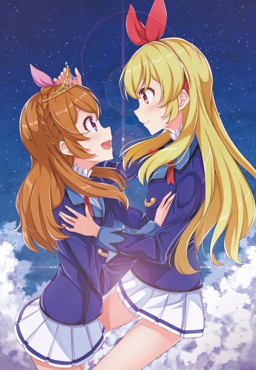 2girls :d aikatsu! aikatsu!_(series) blazer blonde_hair blue_jacket blush braid brown_hair closed_mouth clouds commentary_request eye_contact hair_ribbon highres hoshimiya_ichigo jacket long_hair looking_at_another multiple_girls night night_sky oozora_akari open_mouth outdoors pink_ribbon pleated_skirt profile red_ribbon ribbon round_teeth rurukuru school_uniform shirt skirt sky smile star_(sky) starlight_academy_uniform starry_sky teeth tiara upper_teeth very_long_hair violet_eyes white_shirt yuri