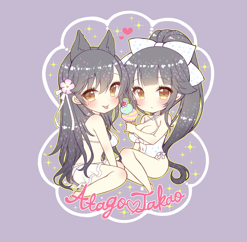 2girls :p atago_(azur_lane) azur_lane bangs bikini black_hair blush bow breasts brown_eyes character_name chibi cleavage closed_mouth commentary_request double_scoop eyebrows_visible_through_hair flower food grey_background hair_between_eyes hair_bow hair_flower hair_ornament heart high_ponytail holding holding_food ice_cream ice_cream_cone large_breasts long_hair multiple_girls parted_lips pink_flower pocopoco ponytail see-through sitting smile sparkle swimsuit takao_(azur_lane) tongue tongue_out very_long_hair white_bikini white_bow white_swimsuit