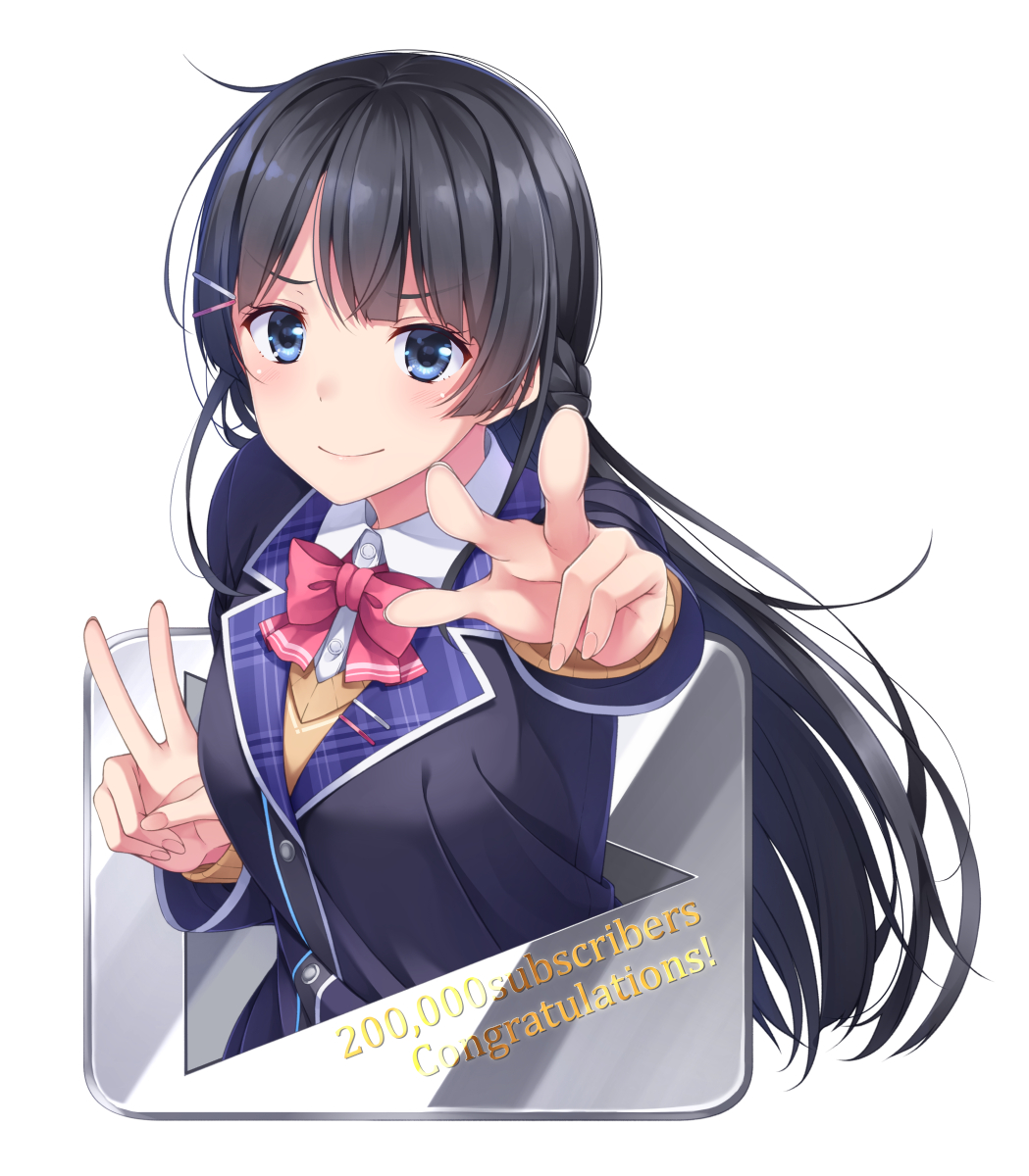 1girl bangs black_hair black_jacket blazer blue_eyes blush bow bowtie braid closed_mouth collared_shirt congratulations dress_shirt eyebrows_visible_through_hair hair_ornament hairclip highres jacket long_hair long_sleeves looking_at_viewer nijisanji outstretched_arm pink_neckwear school_uniform shirt simple_background smile solo sweater tsukino_mito v very_long_hair virtual_youtuber white_background white_shirt yuuri_nayuta