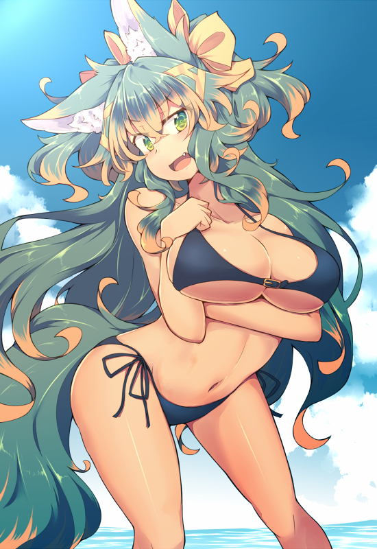 1girl animal_ears bikini black_bikini blue_sky breasts brown_hair cleavage day fang green_eyes kuromiya kuromiya_raika large_breasts legs_apart long_hair multicolored_hair open_mouth original outdoors sky solo standing swimsuit tail two-tone_hair water