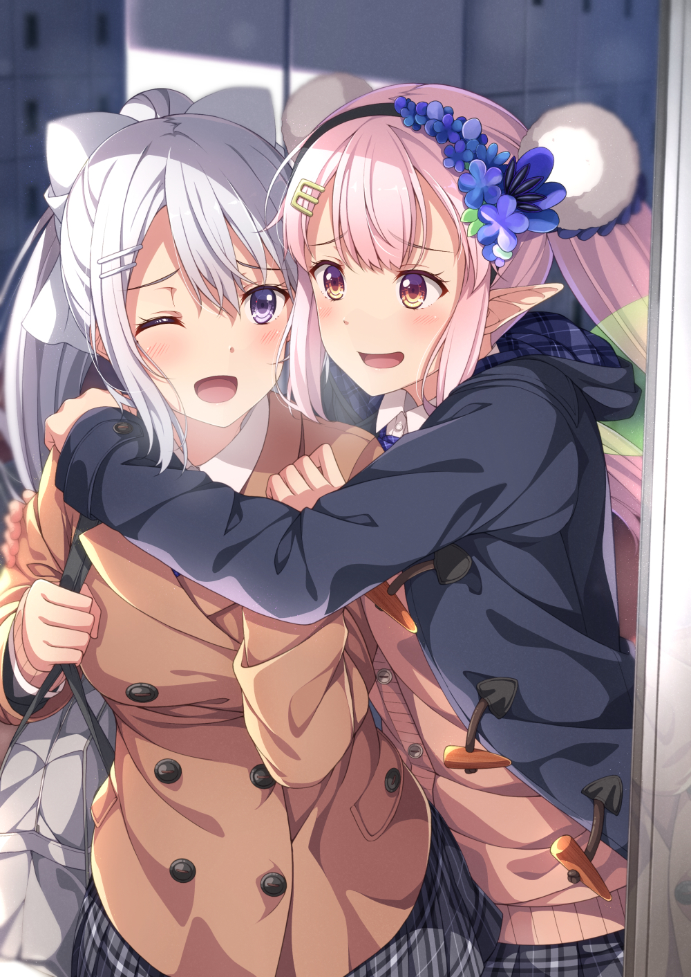 2girls bag blush bow coat commentary_request elu_(nijisanji) eyebrows_visible_through_hair flower hair_between_eyes hair_bow hair_flower hair_ornament hairclip highres higuchi_kaede hug long_hair long_sleeves looking_at_another multiple_girls nijisanji one_eye_closed open_clothes open_mouth pink_hair pleated_skirt pointy_ears ponytail red_eyes shirt shoulder_bag silver_hair skirt smile violet_eyes virtual_youtuber white_bow white_shirt winter_clothes winter_coat yuuri_nayuta