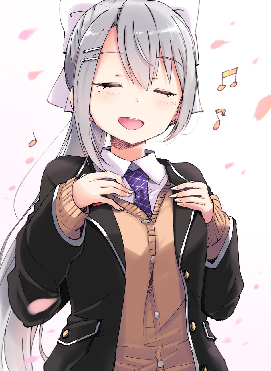 1girl bangs beamed_eighth_notes blazer blush bow buttons closed_eyes eighth_note facing_viewer fingernails grey_hair hair_between_eyes hair_bow hands_on_own_chest highres higuchi_kaede jacket long_fingernails long_hair long_sleeves mole mole_under_eye music musical_note nijisanji open_clothes open_jacket open_mouth pink_petals ponytail purple_neckwear quarter_note round_teeth school_uniform shirt singing teeth ueshita virtual_youtuber white_background white_bow white_hairclip white_shirt