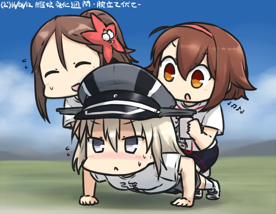 3girls :&lt; :d ^_^ ahoge all_fours alternate_costume amagi_(kantai_collection) beamed_eighth_notes bismarck_(kantai_collection) blush brown_eyes brown_hair cable cellphone closed_eyes closed_mouth commentary_request dated earphones eighth_note exercise flying_sweatdrops grey_eyes hair_ornament half_note hamu_koutarou holding kantai_collection long_hair multiple_girls musical_note open_mouth phone ponytail push-ups quarter_note riding shiratsuyu_(kantai_collection) shirt short_hair silver_hair sketch smartphone smile sportswear sweat t-shirt v-shaped_eyebrows