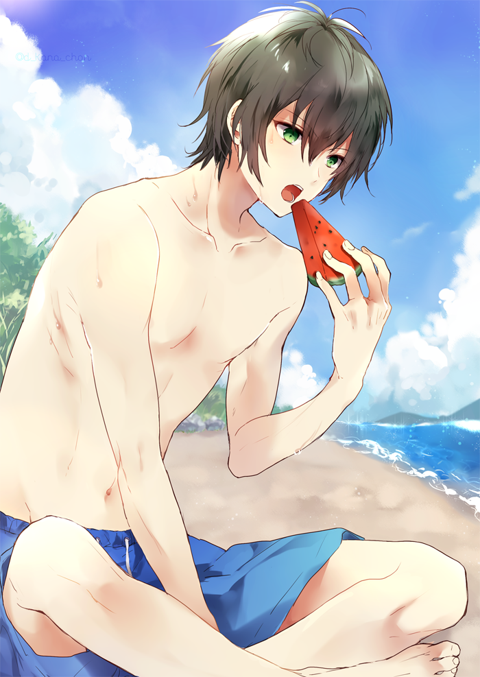 1boy beach black_hair blue_sky clouds commentary_request food fruit green_eyes holding holding_fruit kanai_(mahoro) king_of_prism_by_prettyrhythm kougami_taiga male_swimwear open_mouth plant pretty_rhythm short_hair sky solo sparkle swim_trunks swimwear water watermelon