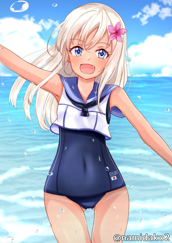 1girl blonde_hair blue_eyes blue_sky clouds commentary_request covered_navel cowboy_shot crop_top fang flower gluteal_fold hair_flower hair_ornament horizon kantai_collection looking_at_viewer namidako ocean one-piece_tan open_mouth outdoors ro-500_(kantai_collection) sailor_collar school_swimsuit sky smile solo swimsuit swimsuit_under_clothes tan tanline waving