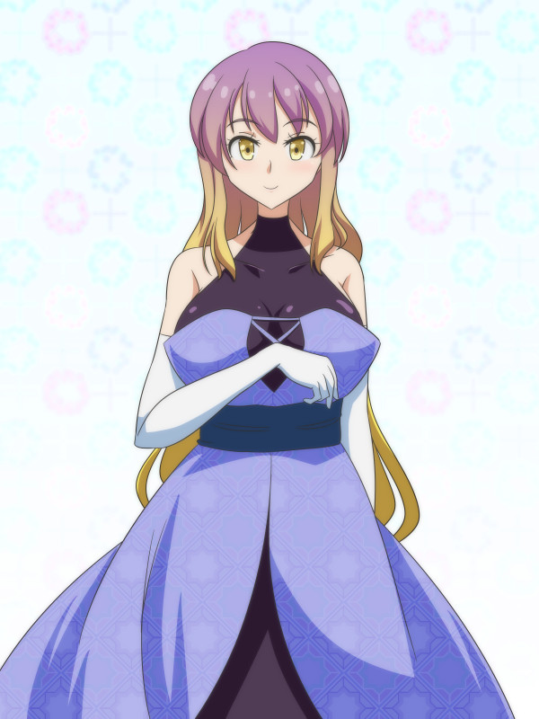 1girl alternate_costume bare_shoulders blonde_hair breasts cato_(monocatienus) commentary_request covered_collarbone dress elbow_gloves eyebrows_visible_through_hair gloves gradient hijiri_byakuren large_breasts long_hair looking_at_viewer multicolored_hair purple_hair simple_background smile solo touhou very_long_hair white_gloves yellow_eyes