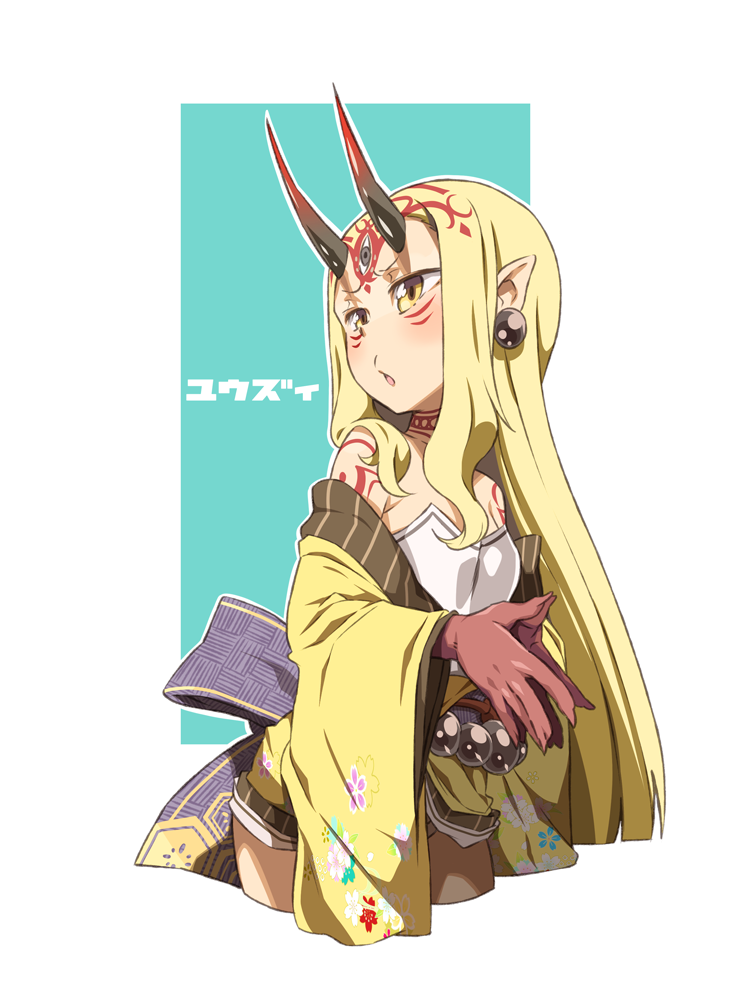 1girl barefoot beads blonde_hair cropped_legs earrings facial_mark fate/grand_order fate_(series) fingers_together floral_print ibaraki_douji_(fate/grand_order) japanese_clothes jewelry kimono long_hair long_sleeves off_shoulder oni oni_horns open_mouth pointy_ears prayer_beads solo straight_hair third_eye very_long_hair wide_sleeves yellow_eyes yellow_kimono yuuzii